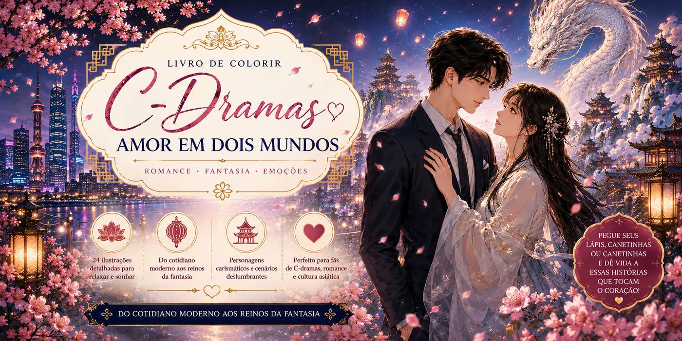 Banner do livro C-Dramas: Amor em Dois Mundos, com casal, cidade moderna e dragão