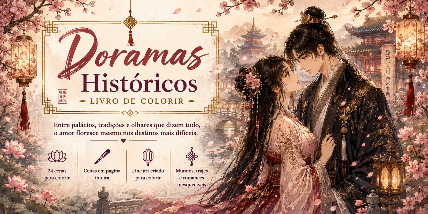 Banner do livro Doramas Históricos com casal em trajes de época entre cerejeiras