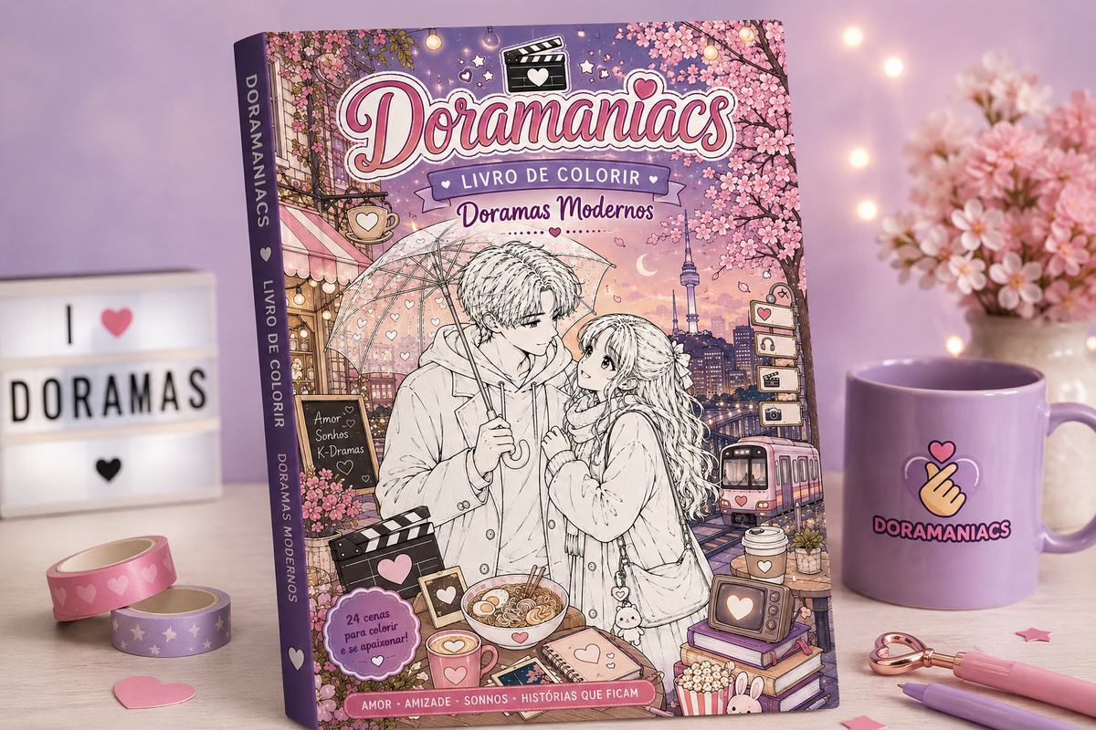 Livro de colorir Doramaniacs sobre a mesa, com canetas, washi tapes e caneca da marca